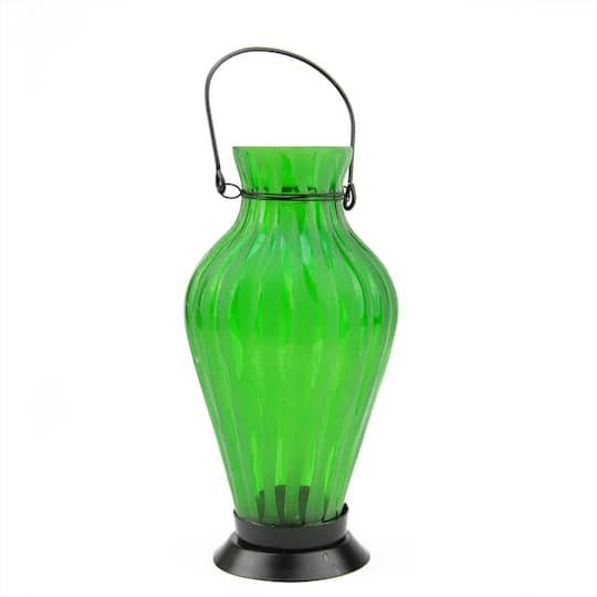 9.5&#x22; Frosted Green Ribbed Vase Glass Bottle Tea Light Candle Lantern